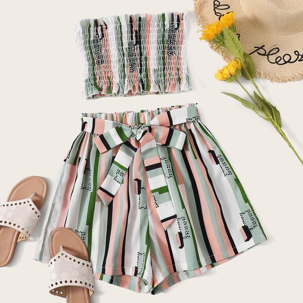 

Shirred Lettuce Frill Top With Striped Belted Shorts