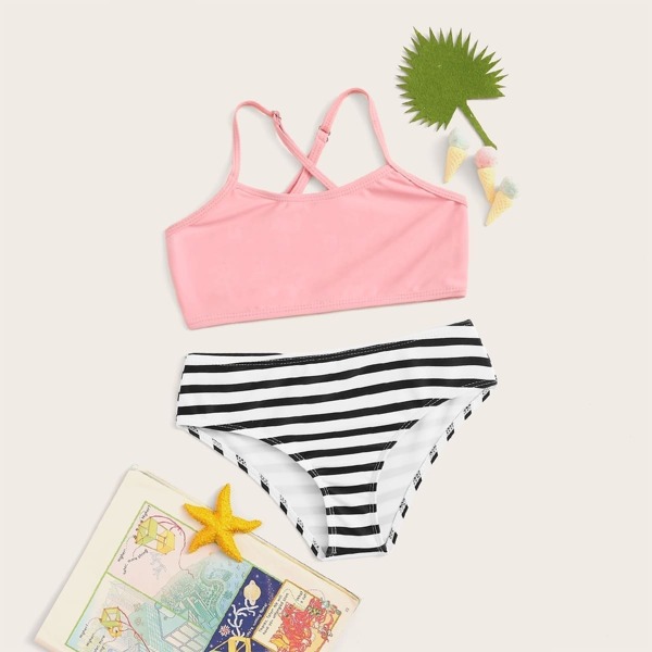 

Girls Criss Cross Top With Striped Bikini Set