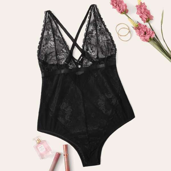 

Plus Floral Lace Criss Cross Teddy Bodysuit, Black