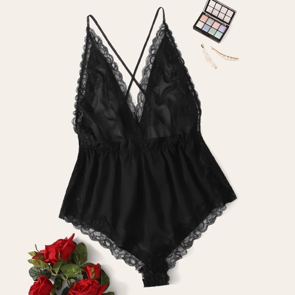 

Plus Lace Trim Criss Cross Romper Bodysuit, Black