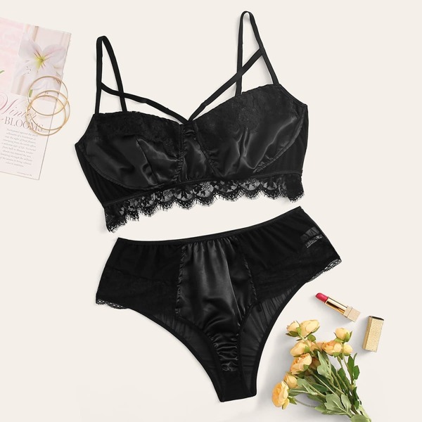 

Plus Contrast Lace Satin Lingerie Set