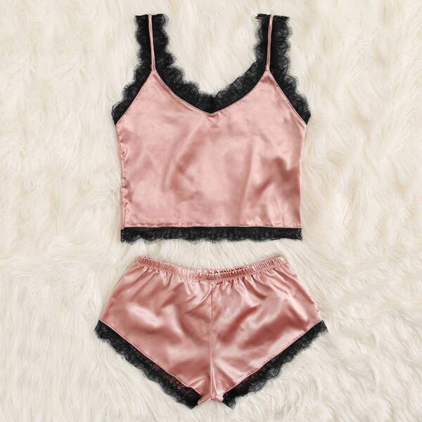 

Plus Lace Trim Satin Lingerie Set