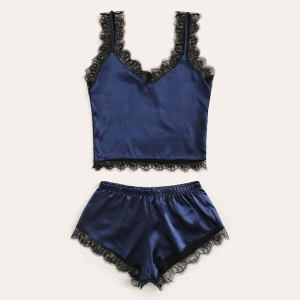 

Plus Lace Trim Satin Lingerie Set