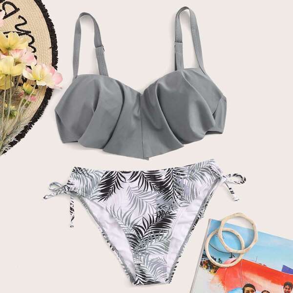 

Hanky Hem Top With Tropical Bikini Set, Grey