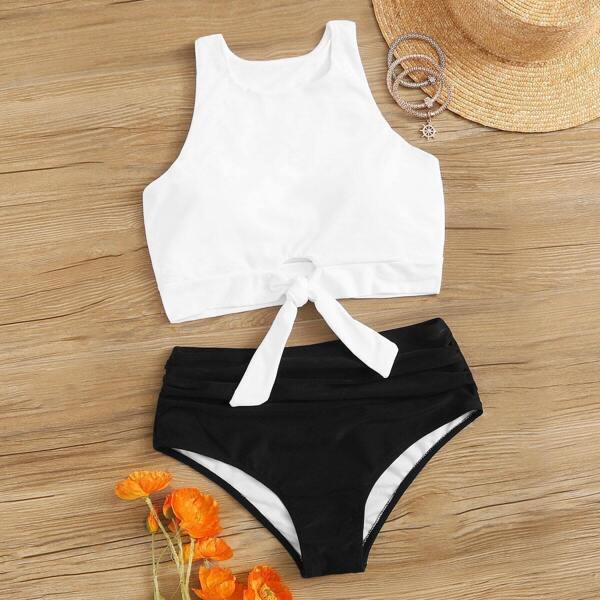 

Knot Hem Top With High Waist Bikini, Black and white