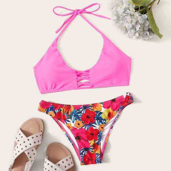 

Criss Cross Halter Top With Floral Bikini Set, Pink bright