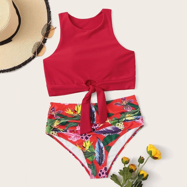 

Knot Hem Top With Tropical High Waist Bikini