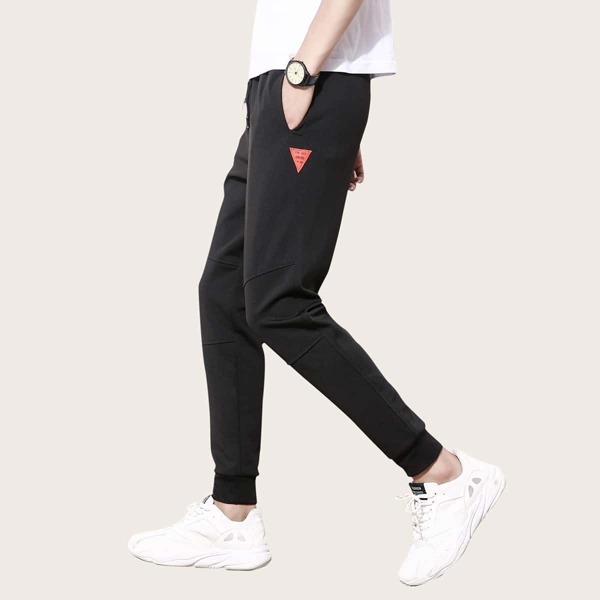 

Men Drawstring Waist Patched Pants, Black