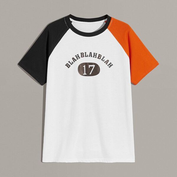

Men Letter Print Contrast Sleeve Tee, White