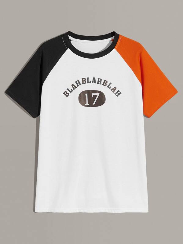 

Men Letter Print Contrast Sleeve Tee, White