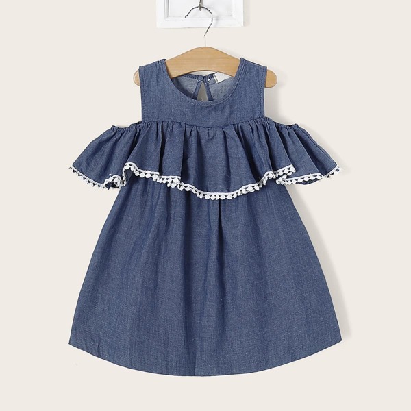 

Toddler Girls Lace Panel Ruffle Trim Denim Dress