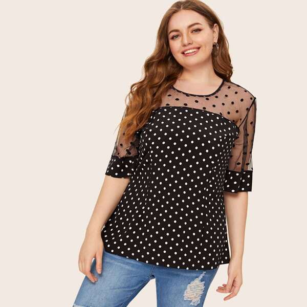 

Plus Dobby Mesh Polka Dot Print Blouse