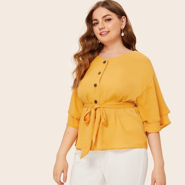 

Plus Tiered Layer Belted Blouse