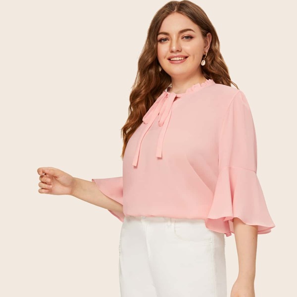 

Plus Tie Neck Flounce Sleeve Blouse