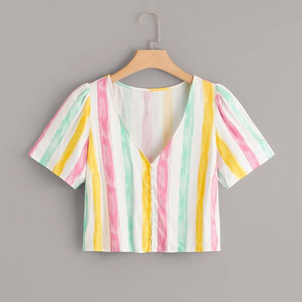 

Plus Colorful Striped V-Neck Blouse