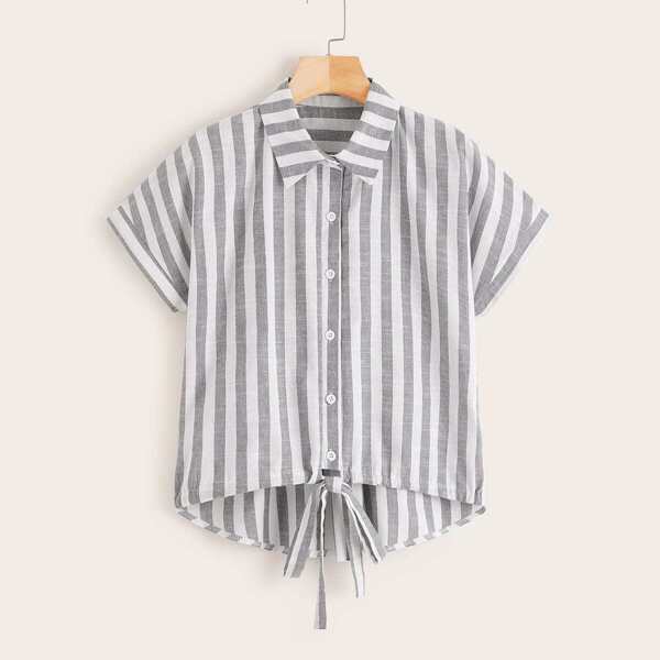 

Knot Hem Button Front Striped Blouse