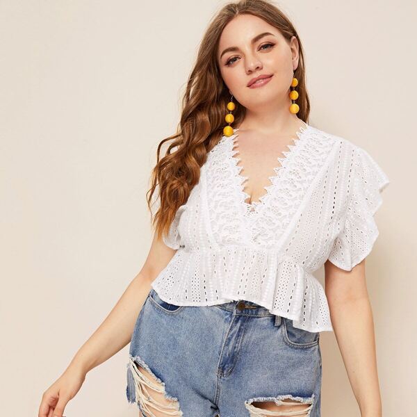 

Plus Eyelet Embroidery Ruffle Hem Blouse, White