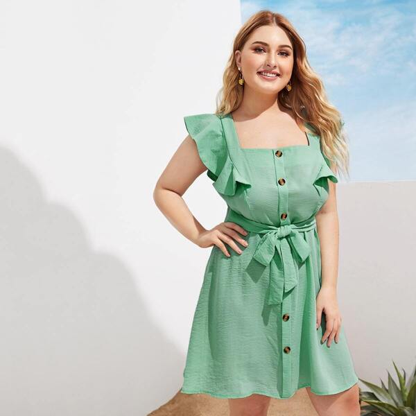 

Plus Button Front Ruffle Trim Belted Dress, Green