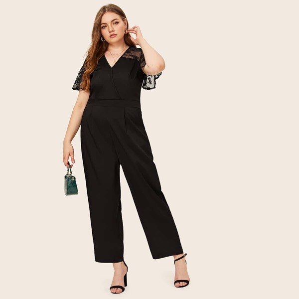 

Plus Surplice Front Contrast Lace Cuff Jumpsuit, Black