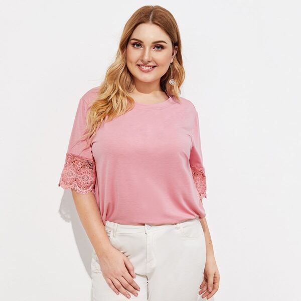 

Plus Solid Contrast Lace Tee
