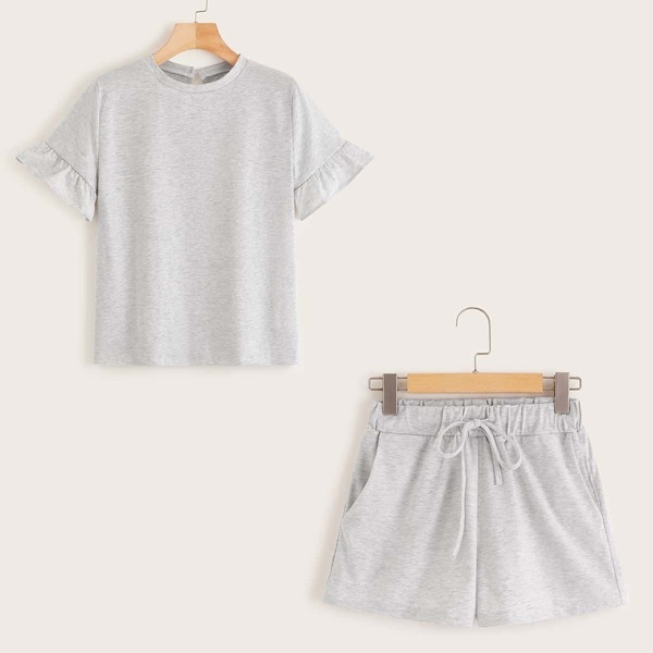

Flounce Sleeve Tee With Drawstring Waist Shorts