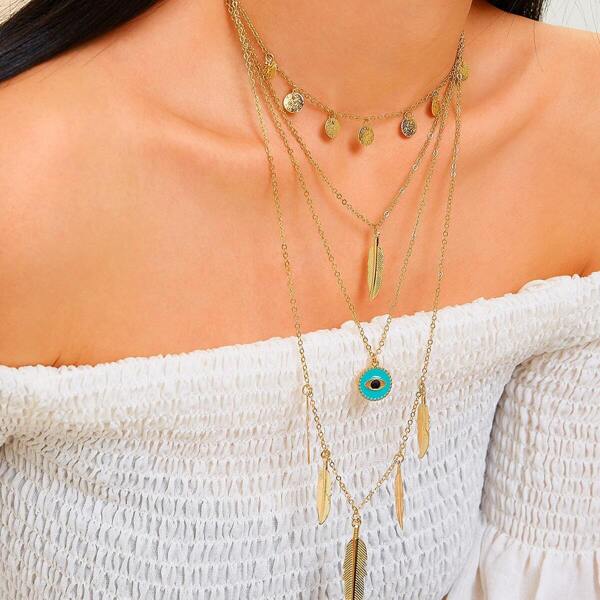

Palm & Disc Charm Multi Layered Chain Pendant Necklace 1PC