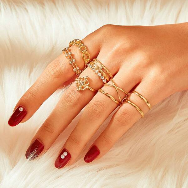 

Rhinestone Decor Chain Ring 8pcs, Gold