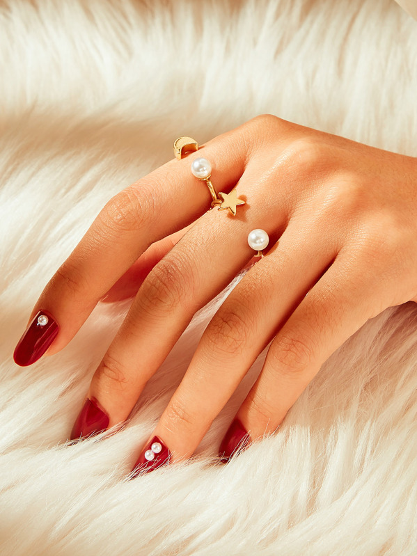 

Star & Moon Design Cuff Ring 2pcs, Gold
