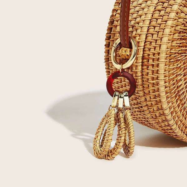

Triple Weave Rattan Teardrop Pendant Bag Accessory, Khaki
