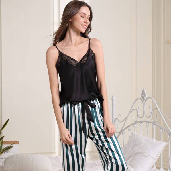 

Lace Trim Cami & Striped Pants PJ Set