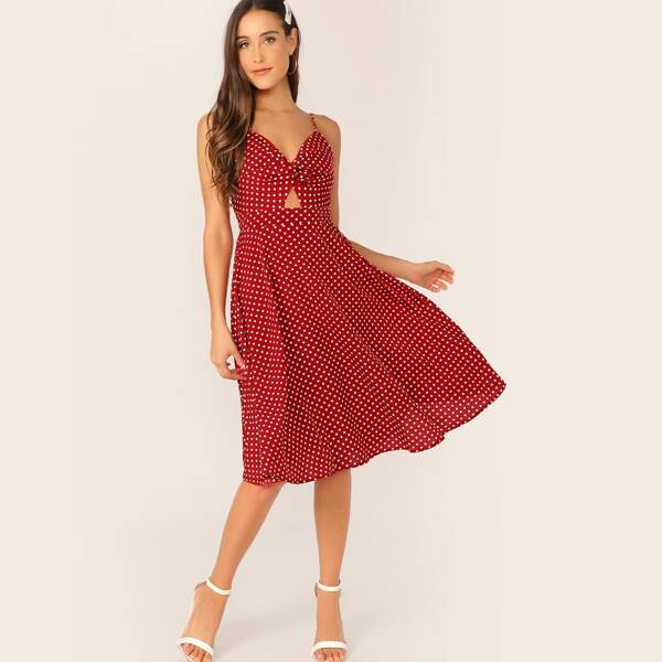 

Dot Print Twist Front Cami Dress, Red