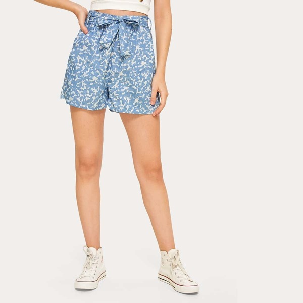 

Random Print High Waist Belted Denim Shorts