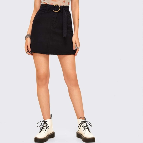 

O-ring Belted Pencil Denim Skirt