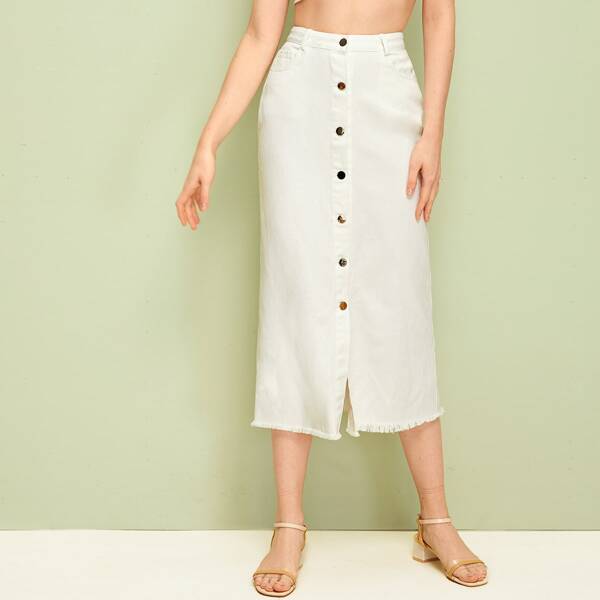 

Button Front Raw Hem Pencil Denim Skirt