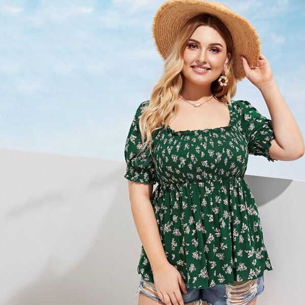 

Plus Ditsy Floral Print Shirred Smock Top