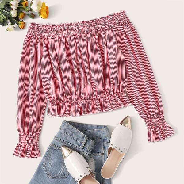 

Off-shoulder Flounce Sleeve Stripe Top