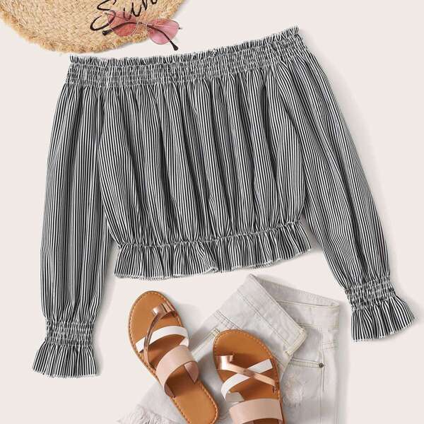 

Off-shoulder Flounce Sleeve Stripe Blouse