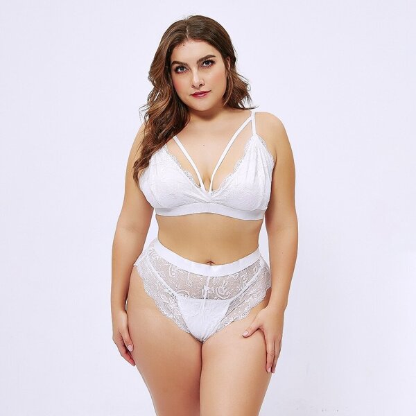 

Plus Harness Floral Lace Lingerie Set, White