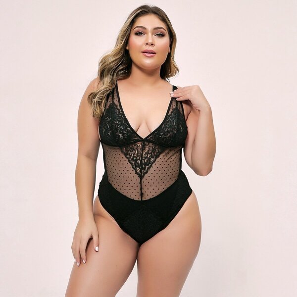 

Plus Contrast Lace Teddy Boddysuit, Black