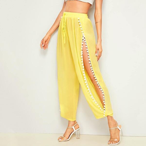 

Drawstring Waist Pom Pom Trim Split Pants