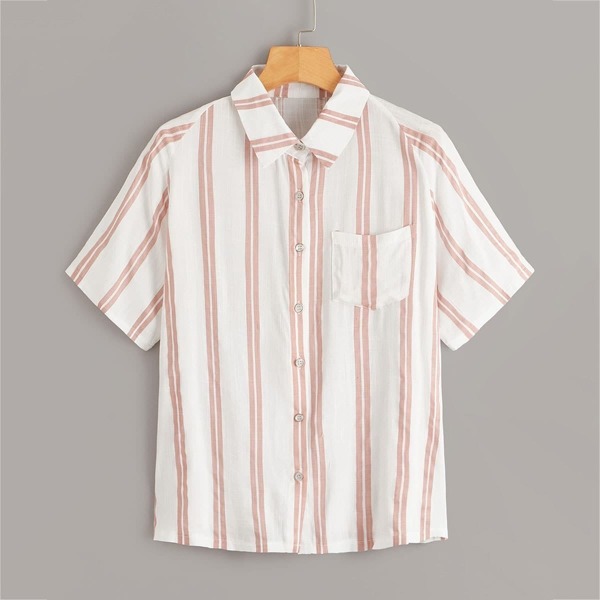

Striped Pocket Button Front Blouse