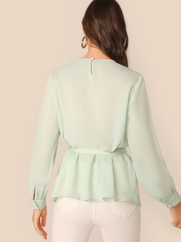 

Keyhole Back Pleated Belted Top, Green pastel