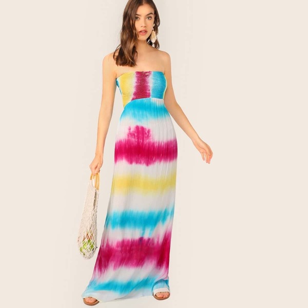 

Strappy Back Tie Dye Smocked Tube Maxi Dress, Multicolor