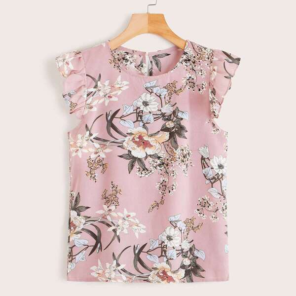 

Floral Print Ruffle Cuff Blouse, Pink