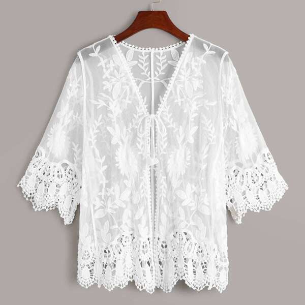 

Mesh Embroidered Sheer Knot Kimono