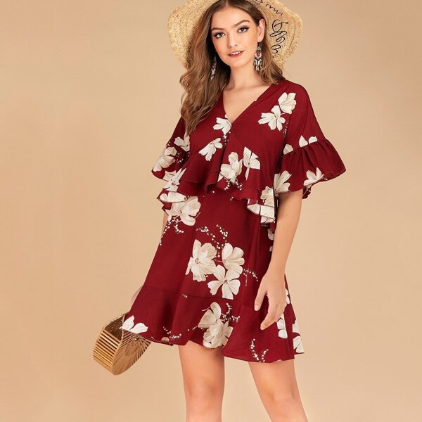 

Floral Print Ruffle Trim Flounce Sleeve Dress