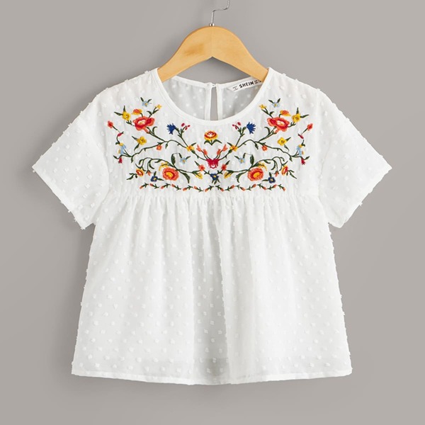 

Girls Embroidered Yoke Swiss Dot Top, White