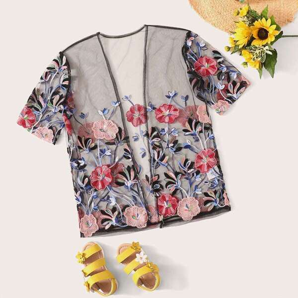 

Girls Embroidered Botanical Mesh Kimono, Multicolor