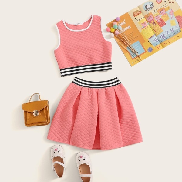 

Girls Striped Textured Ringer Top and Boxy Pleated Skirt Set, Pink