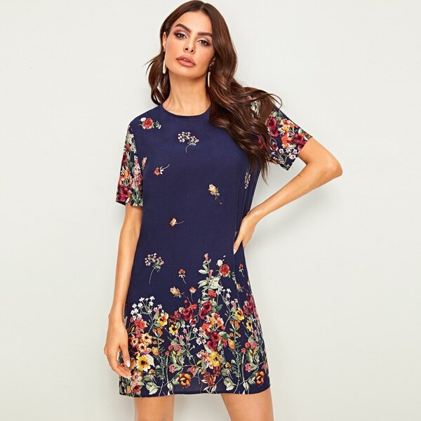 

Floral Print Keyhole Back Tunic Dress, Navy